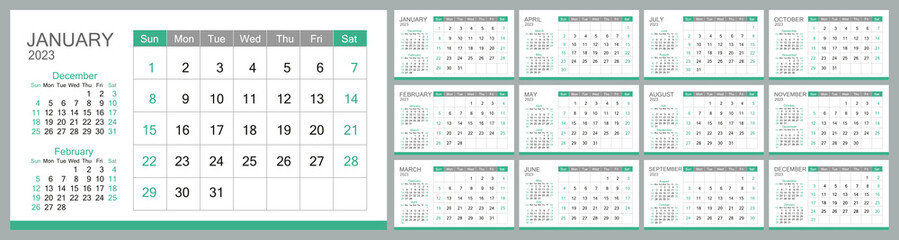 Wall monthly photo calendar 2023 in english. Week starts on Sunday. Layout for 2023 in English. Calendar for 2023, templates for 12 months. Vector illustration