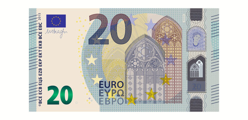 20 euro banknote - europen bill cash money isolated on white background - twenty euro - obrazy, fototapety, plakaty