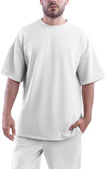 Mockup of white oversize suit, t-shirt, shorts, on guy, clothes png