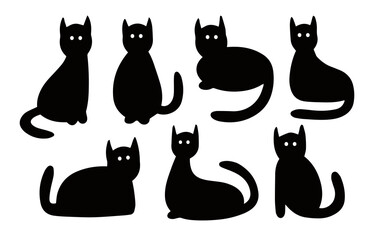 Black cat poses doodle collection set illustration vector. Cute silhouettes animal design.