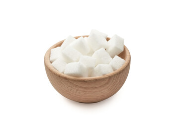Cukier biały  w dużych kostkach w drewnianej miseczce na białym tle