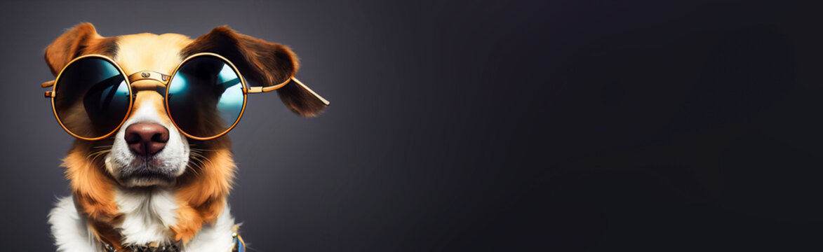 Cool dog with sunglasses, banner design with copy space, 3d illustration