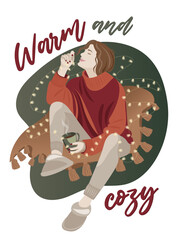 Warm and cozy woman's loungewear, knitted sweater. Young woman in christmas lights with cup of coffee on a boho blanket. Holiday Winter Hygge. Cute vector illustration for card.