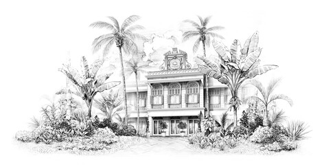 Pencil drawing, illustration, realism, hotel