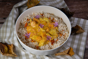 Recipe for chicken curry and papaya sauce with vermicelli rice. High quality photo