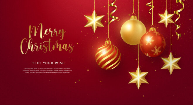 Merry Christmas composition 3D realistic golden ribbon and bauble decoration ball star ornaments