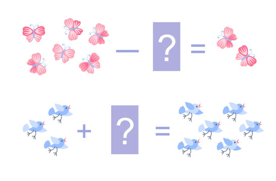 Educational game for children. Cartoon illustration of mathematical addition and subtraction. Vector image. Examples with pink butterflies and blue birds.