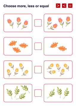 Choose more, less or equal between right and left parts. Task with flowers and leaves. Puzzle for kids.
