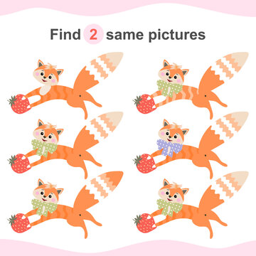 Find two identical foxes with strawberries and connect them with a line. Educational game for kids.