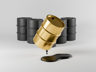 Three dimensional render of gold colored oil drum leaking oil