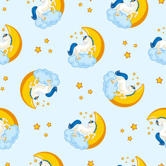seamless texture sleeping unicorn on clouds with moon and stars