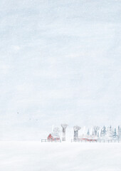 Cute winter landscape. Snowfall over the village. Snowy winter day. Gouache illustration.
