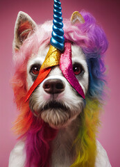 Dog in unicorn costume, portrait with studio background, 3d illustration