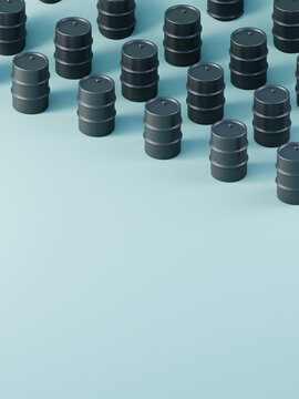 Three dimensional render of black oil drums standing against blue background