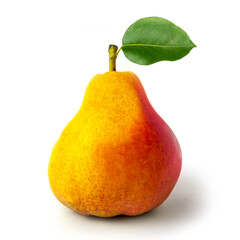 pear on a white background. Pear with a leaf close-up