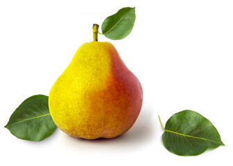 pear on a white background. Pear with leaves close up