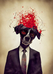 Dog dressed up with a zombie or revenant costume, portrait with studio background, 3d illustration