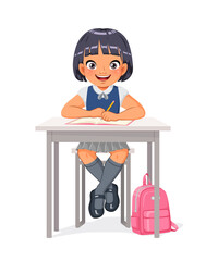 Happy Asian girl sitting at the desk. Cartoon vector illustration.