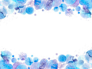 インクアートのテクスチャのブルーの水玉が綺麗なフレーム背景イラスト