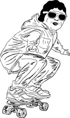Stylish kid wearing goggles doing skating vector illustration silhouette, skater boy sketch drawing, roller skating cartoon doodle drawing, doodle of cute boy skating