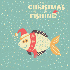 Christmas funny fish in Santa red hat and holiday text on vector vintage card background. Winter fishing card illustration with holiday text. Christmas fishing.