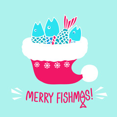 Christmas fishing. Fishes in Santa red hat. Vector winter fishing illustration with holiday text on vintage card. Merry fishmas christmas vintage blue snow card background.