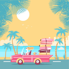 Woman driving car to sun beach. Glamour blond woman with Luggage bags driving pink cabriolet to summer vacation. Vector Illustration of Tropical sunshine sky and palms on beach background.