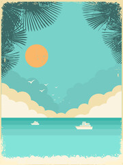 Beautiful sea waves vintage poster landscape with tropical palms and summer beach on blue sky hot sunshine on old paper texture
Exotic horizon vector background. Vector Illustration of Tropical palms 