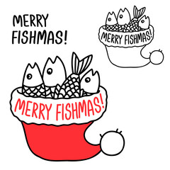 Christmas fishing. Fishes in Santa red hat. Vector winter fishing illustration with holiday text isolated on white. Merry fishmas christmas blue card.