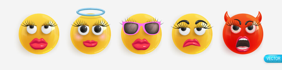 Emotion Realistic 3d Render. Set Icon Smile Emoji. Vector yellow glossy emoticons.