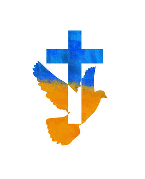 Dove flying with a Symbol of Religion. Cross. Ukrainian flag colors Dove Of Peace. No war. Freedom to Ukraine . Vector illustration.