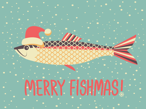 Christmas funny fish in Santa red hat and holiday text on vector vintage card background. Winter fishing card illustration with holiday text. Christmas fishing.