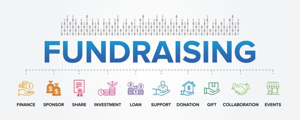 Fundraising concept vector icons set infographic background. 10 Common Funding Sources.