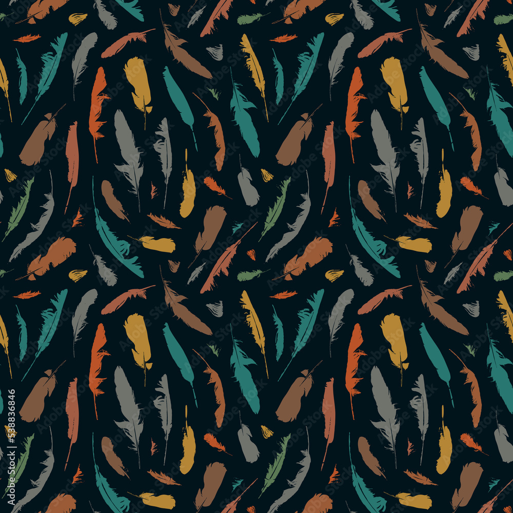 Poster seamless pattern with colored disheveled feathers on a black backdrop in boho style. repeating vecto
