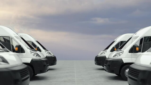 Vans parked in line with transportation. 3d render and illustration.