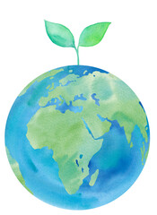 地球のエコイメージの水彩イラスト。ヨーロッパ、アフリカ大陸、インド、サウジアラビア（透過背景）