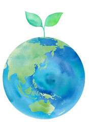 地球エコイメージの水彩イラスト。日本、アジア、オーストラリア、中国、インドネシア、太平洋
（透過背景）