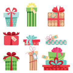 Cartoon set of colored gift boxes, individually. cut object. Birthday, sale,