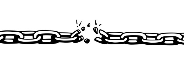 Broken chain with shatters as symbol of strength and freedom. Sketch of metal chains. Vector illustration isolated in white background
