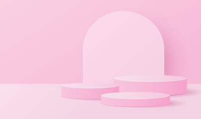 Paper cut of minimal scene with pink cylinder podium on pink background. Product presentation, mock up, show cosmetic. Vector illustration