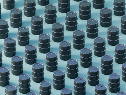 Three dimensional pattern of black oil drums standing against blue background