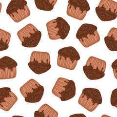 Seamless pattern with chocolate cupcake in cartoon style