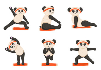 Set with cute panda bear in yoga pose
