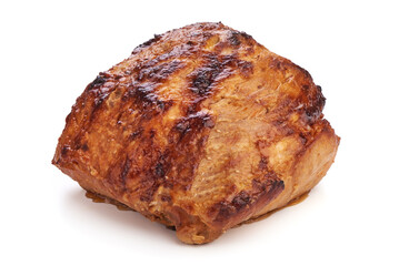 Delicious Roast Pork chop, baked spicy meat, close-up, isolated on white background.