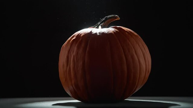 Spotlight shining on halloween pumpkin on black background revealing white particles. Slow motion, dolly in. 