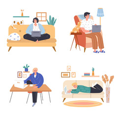Freelance concept scenes set. Comfortable freelancers workplaces. Remote employees work on laptops at home offices. Collection of people activities. Illustration of characters in flat design