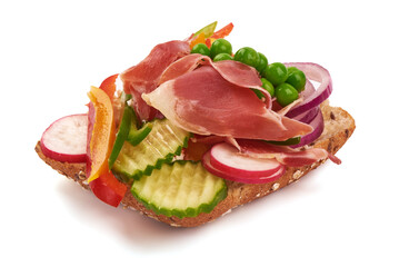 Prosciutto sandwich, close-up, isolated on white background.