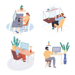 Programming working concept scenes set. Coders coding, programmers writing program on computers at office workplaces. Collection of people activities. Illustration of characters in flat design