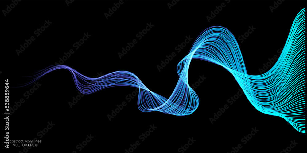 Aufkleber Vector abstract light lines wavy flowing dynamic in blue green colors isolated on black background for concept of AI technology, digital, communication, 5G, science, music
