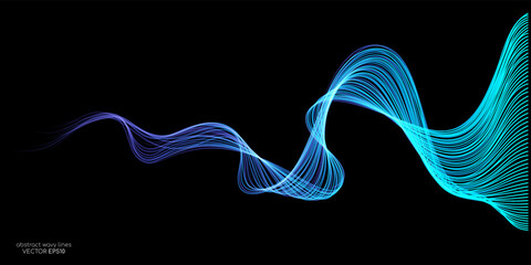 Vector abstract light lines wavy flowing dynamic in blue green colors isolated on black background for concept of AI technology, digital, communication, 5G, science, music - 538839644